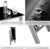 A collage of four images showcasing different aspects of a furniture set, including a table with drinks, a close-up of fabric with water droplets, a folded chair, and the legs of a table. Voir les images du produit