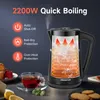 A black electric kettle is shown with a cutaway revealing the heating element and water circulation. Text highlights features like "2200W Quick Boiling", "Auto Shut-Off", "Boil-Dry Protection", and "Over-Heat Protection". A cup of tea and some pastries are Produktbild-Vorschau