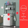 A laundry shelf unit placed over a washing machine, with various items on the shelves and a towel hanging from the unit. Dimensions are indicated with red circles and text overlays are present on the right side. Produktbild-Vorschau