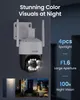 A security camera with feature callouts and lifestyle images. Produktbild-Vorschau