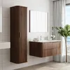 A modern bathroom with a dark brown wooden vanity and a tall cabinet. Anteprima dell’immagine prodotto