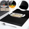A black mat is shown on a stovetop, with a tray of food on it. There are inset images showing the stovetop with and without the mat. Produktbild-Vorschau