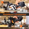 Two images showing a circular saw being used to cut wood, with text overlays indicating cutting depth and angle. Produktbild-Vorschau