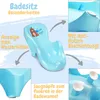 A collage of images showing a baby bath seat with text highlighting its features. Produktbild-Vorschau