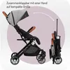 A stroller is shown in its unfolded and folded states, with text indicating it can be folded with one hand to a compact size. Produktbild-Vorschau