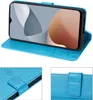 A collage of images showing a blue flip phone case with embossed floral patterns, a phone inside the case, and a close-up of the case closure. Produktbild-Vorschau