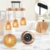 A chandelier with three rope-covered lampshades hanging from a wooden beam, with close-up details of the lamp's construction and base. Produktbild-Vorschau