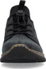Front view of a black sneaker with blue accents and text pattern. Voir les images du produit