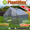 A greenhouse in a garden setting, with text overlays indicating product features and branding. Produktbild-Vorschau