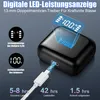 A black charging case for wireless earbuds is shown with a USB-C cable plugged in, indicating charging. The case has a digital display showing battery levels. Produktbild-Vorschau