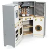 A wooden corner kitchen playset for children, featuring a refrigerator, oven, stovetop, sink, and washing machine. Produktbild-Vorschau