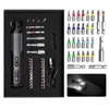 A black foam-lined box containing a cordless screwdriver set with various bits and accessories. Voir les images du produit