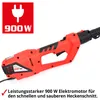A close-up shot of the motor housing of an electric hedge trimmer, with a red and black color scheme. A red square overlay in the top left corner displays a white electrical plug icon and the text '900 W'. Produktbild-Vorschau