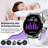 A woman sleeping in bed, with a smartwatch on her wrist displaying sleep data. Produktbild-Vorschau