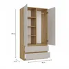 A white and wood-colored wardrobe with its doors open, showing shelves and drawers. Dimensions are indicated by lines and numbers. Anteprima dell’immagine prodotto