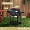 A charcoal grill is shown in a backyard setting with dimensions indicated by text overlays. Produktbild-Vorschau