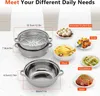 A collage of a stainless steel steamer set and various food dishes, with dimensions indicated. Náhľad obrázku produktu