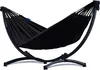 A black hammock with a black metal stand, shown against a white background. Produktbild-Vorschau