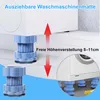 A product image showing adjustable washing machine feet, with text overlays and a diagram. Produktbild-Vorschau