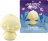 A yellow duck toy with closed eyes and pink cheeks, sitting in front of a night-themed illustration with stars and a moon. Podgląd zdjęcia produktu