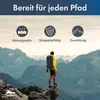 A person stands on a mountain peak looking out at a mountain range, with icons and text above. Produktbild-Vorschau