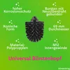 A close-up of a black toilet brush head with descriptive text overlays highlighting its features. Produktbild-Vorschau