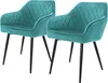 Two teal dining chairs with black legs are shown against a white background.