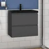A modern bathroom vanity with a dark gray cabinet and a black countertop and sink, mounted on a tiled wall. Produktbild-Vorschau