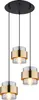 A three-light pendant chandelier with black cords and a black ceiling mount, featuring clear glass shades with gold accents and exposed bulbs. Produktbild-Vorschau