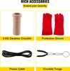 A collage of four images showing accessories for a melting furnace: a ceramic crucible, protective gloves, a power cable, and crucible tongs. Anteprima dell’immagine prodotto