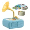 A blue toy record player with a yellow horn, accompanied by stacks of round cards with illustrations. Náhľad obrázku produktu