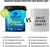 A comparison image showing two different vegan protein products, one from BODYLAB and a generic 'Basic Vegan Shakes'. The BODYLAB product is presented as superior with a list of positive attributes. Produktbild-Vorschau