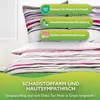 A close-up of a duvet cover and pillow with colorful stripes, overlaid with marketing text and icons. Produktbild-Vorschau