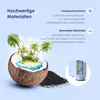A collage showing a coconut with a tropical island scene inside, a pile of black granular material, and a close-up of a water filter cartridge with an arrow indicating water flow. Náhled obrázku produktu