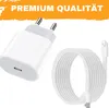 A white iPhone charger and a white braided USB-C to Lightning cable are displayed on a white background. Produktbild-Vorschau