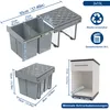 A product image showing a pull-out trash bin system with dimensions and specifications, and a diagram of minimal cabinet dimensions. Náhľad obrázku produktu