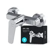 A chrome-finished shower faucet and its packaging are displayed against a white background. Produktbild-Vorschau