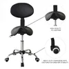 A black saddle stool with a backrest, shown with close-up insets highlighting features. Anteprima dell’immagine prodotto