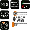 A collage of icons and diagrams illustrating features of a tape measure. Produktbild-Vorschau