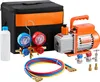 A collection of tools for working with refrigerants, including a vacuum pump, manifold gauges, hoses, and a storage bag, set against a white background. Náhľad obrázku produktu