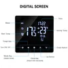 A digital screen displaying thermostat information with labels pointing to different functions and readings. Podgląd zdjęcia produktu