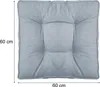 A square blue cushion with tufting, shown from a top-down perspective. Dimensions are indicated with text. Produktbild-Vorschau