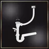 A white sink drain assembly with a curved pipe and a stopper is displayed against a black background. Voir les images du produit