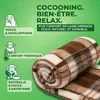 A rolled-up plaid blanket is shown on a green background with text and icons describing its features. Produktbild-Vorschau