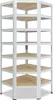 A white metal corner shelving unit with wooden shelves against a white background. Produktbild-Vorschau