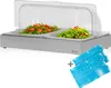 A food serving platter with two compartments filled with salad, covered by a clear lid. Two blue ice packs are shown next to it. Náhľad obrázku produktu