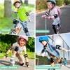 A collage of four images showing children using protective gear for various sports and activities. Produktbild-Vorschau