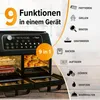 A marketing image for a multi-function air fryer, showcasing its various cooking modes and capacity. Produktbild-Vorschau