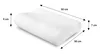 A white orthopedic pillow with dimensions indicated by arrows and text. Produktbild-Vorschau