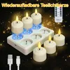 A set of rechargeable LED tea lights on a charging base, with a remote control and USB cables shown. Produktbild-Vorschau